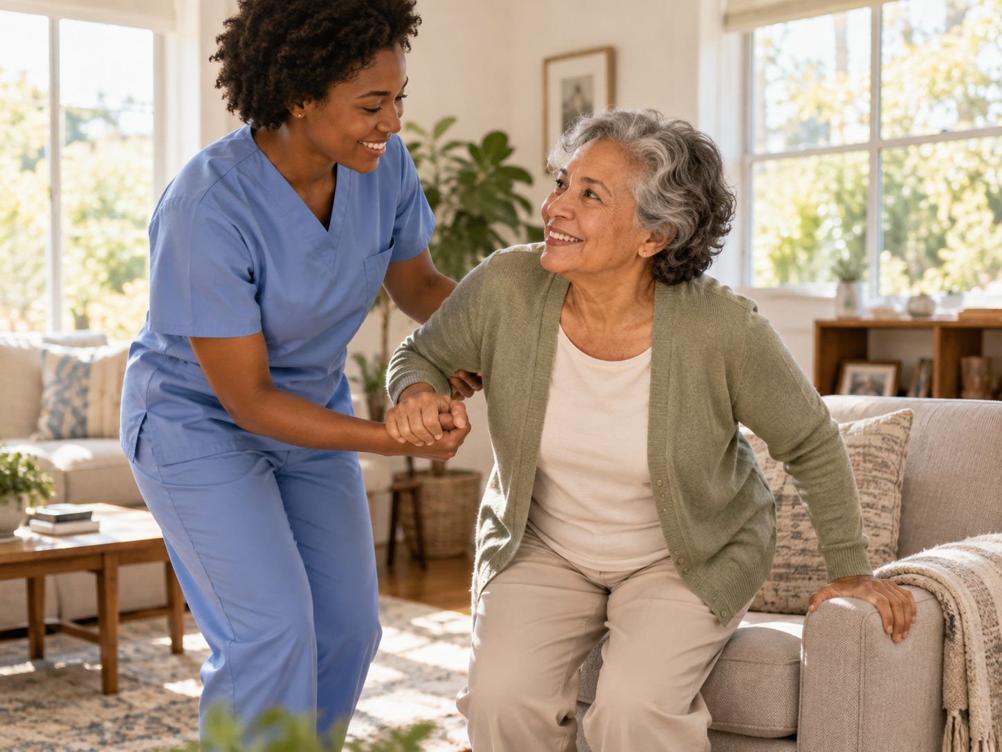 A caregiver steadies an older woman by the arm as she rises from a sofa in a sunny living room