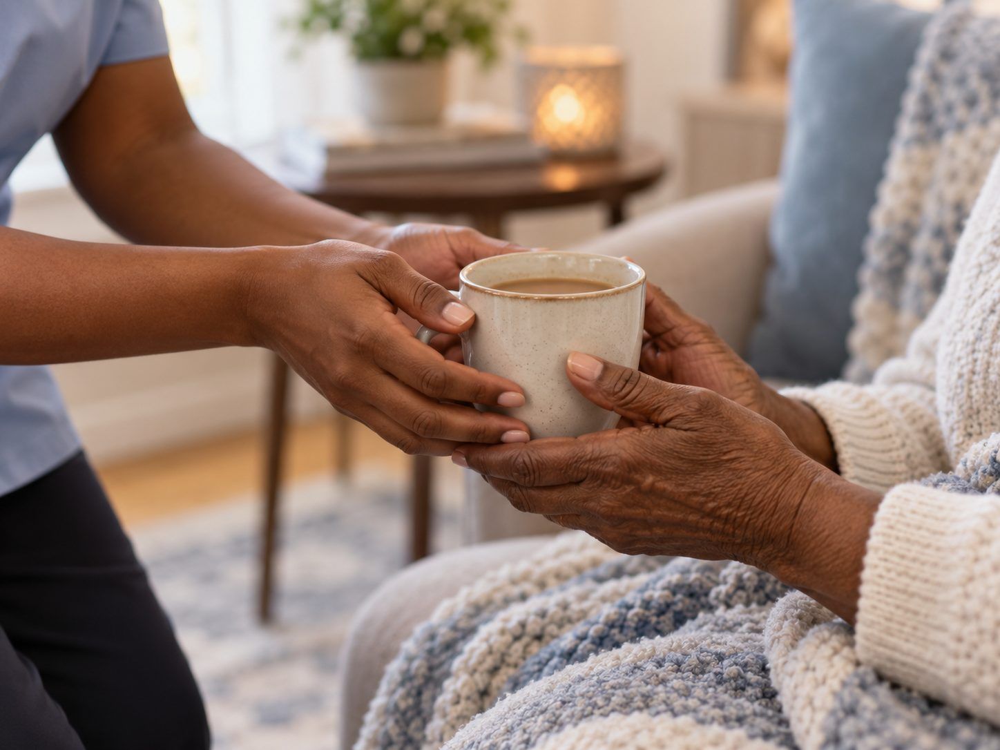 A caregiver passes a warm mug into an older person's hands