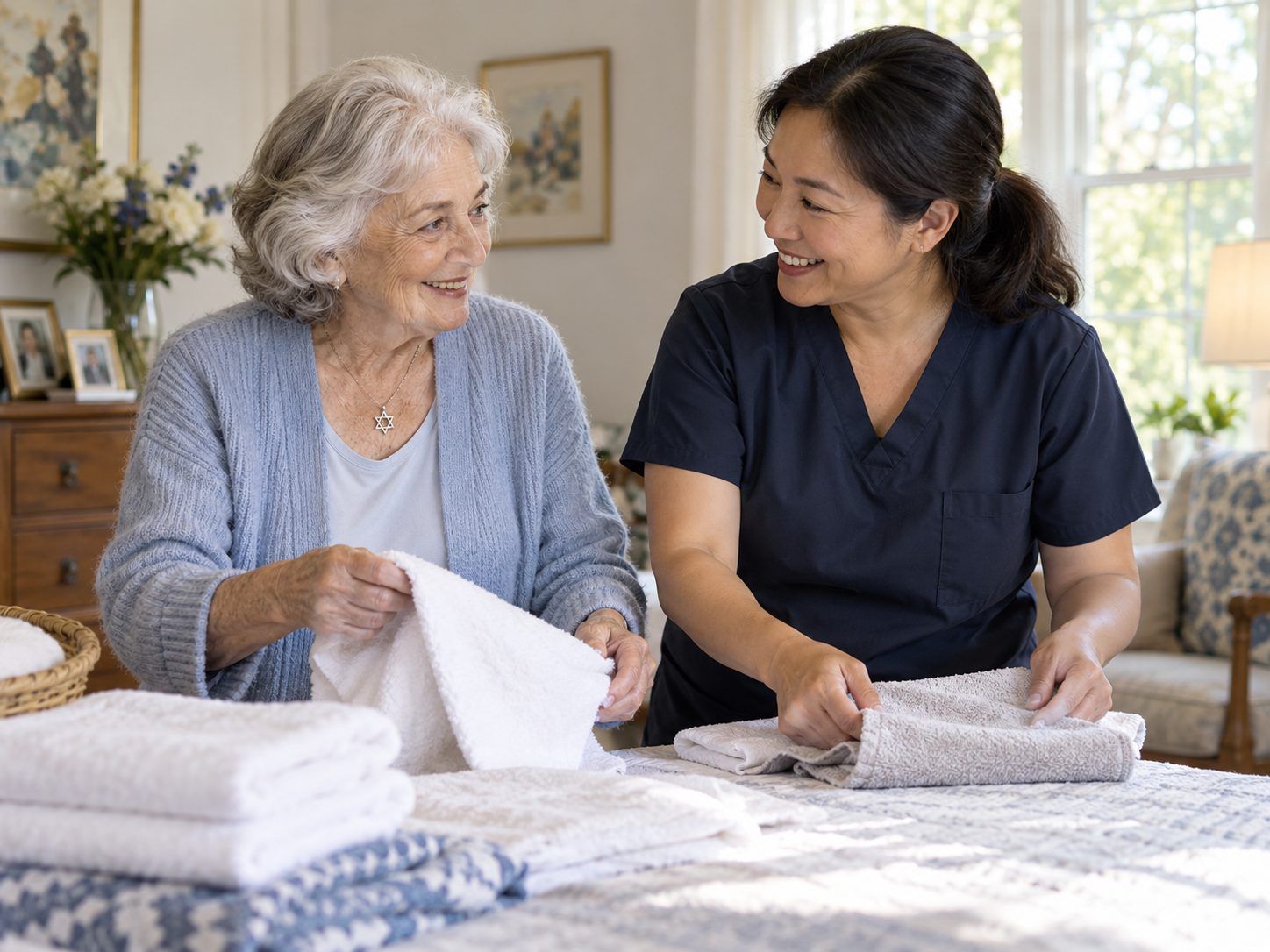 A caregiver and an older woman fold towels together at a table